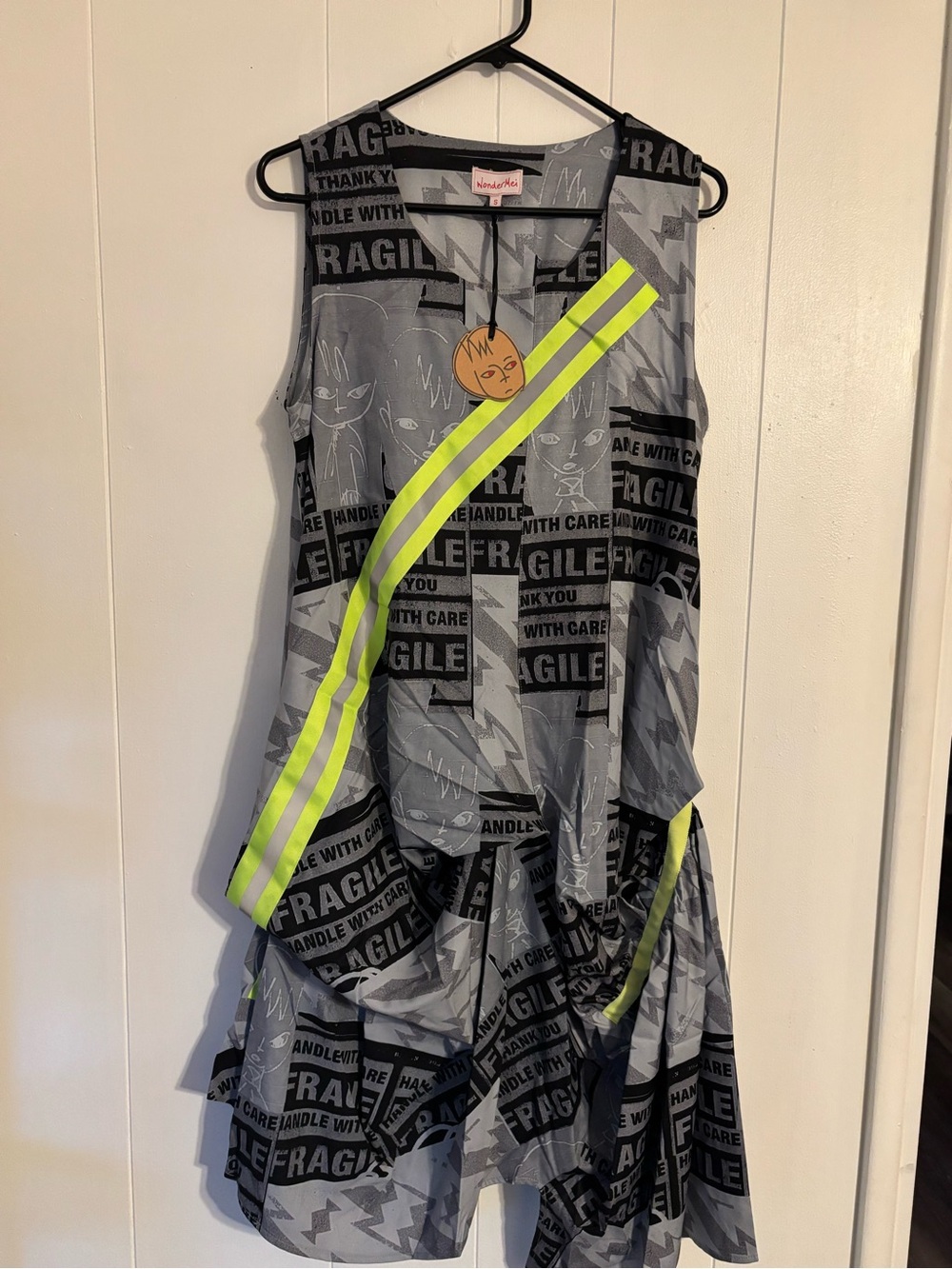 Asymmetrical Artful Grey 'Fragile' Print Layered Dress with Neon Stripes